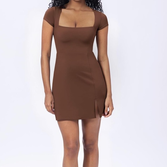 Women's Square Neck Short Sleeve Mini Dress Y2K Party Club Side Slit Stretchy - Picture 3 of 7